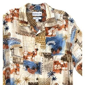 Saddlebred Men's Hawaiian Shirt L Beige Classic Fit Short Sleeve Button Front